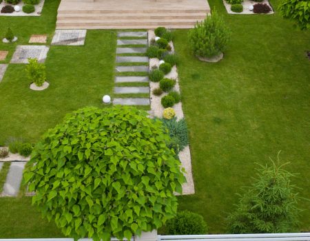 Garden with walkways and green grass. Photo taken from above drone.